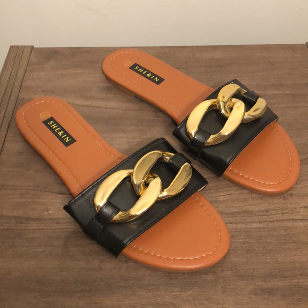 Black Strappy Sandal with Gold Chain Detail